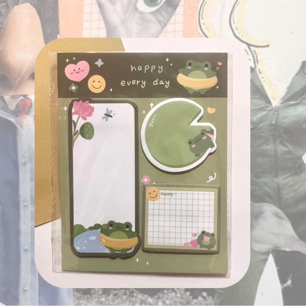 🎉 kawaii green frog & lilypad sticky note set bundle stationery